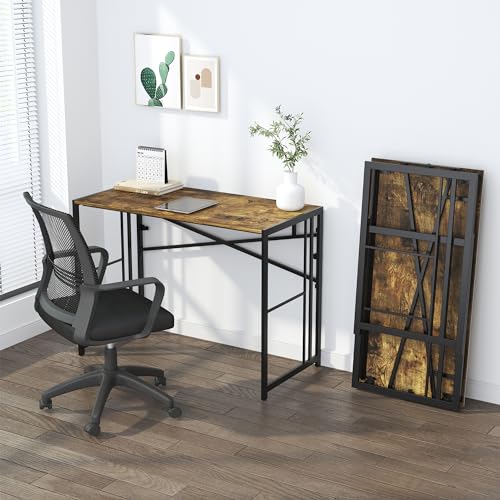 Lutown-Teen 35 inch Small Folding Computer Desk, Writing Gaming Computer Desk for Small Spaces, No Assembly Required Home Office Tale, Rustic Brown - color: Rustic Brown, size: 35 Inch