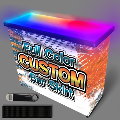 PartyLife Premium Glowing LED Surface Portable Bar Table with Custom Skirt, Mobile App, Folding Legs, Black Fabric Bar Skirt, 2 Storage Shelves & 2 Carrying Bags - color: Custom, size: Premium, style: Glowing Surface