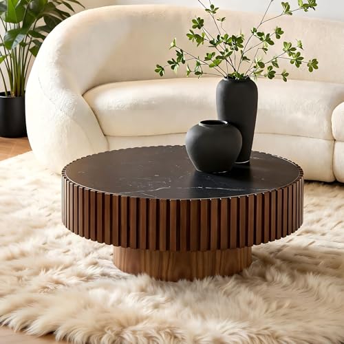 Round Coffee Table Walnut Ø35.43'' X 13.77''H Drum Coffee Tables Sintered Stone Tabletop for Living Room Small Space Fluted Circle Cocktail Tea Modern Center Apartment Home Furniture Easy Assembly - color: 35.43 Walnut Sintered