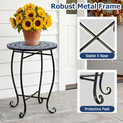 Giantex Outdoor Side Table, Blooming Lotus Mosaic Patio Accent Table, 14" Coffee End Table, Indoor Outdoor Metal Plant Stand for Porch Garden Balcony Desk - style: Blooming Lotus