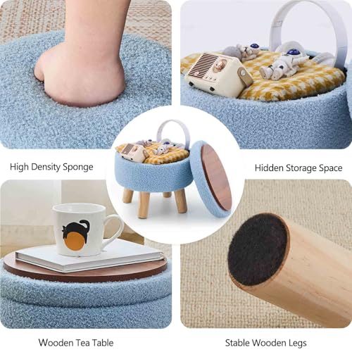 Wimarsbon Storage Ottoman, Modern Round Footrest with Soft Padded Seat, Teddy Velvet Footstool with Wood Legs, Accent Small Table or Plant Stand for Hallway, Living Room (Blue) - color: Blue