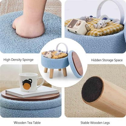Wimarsbon Storage Ottoman, Modern Round Footrest with Soft Padded Seat, Teddy Velvet Footstool with Wood Legs, Accent Small Table or Plant Stand for Hallway, Living Room (Blue) - color: Blue