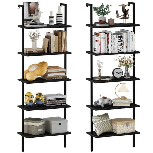 aboxoo Ladder Shelf 2PCS Open Bookshelf 5-Tier Wood Wall-Mounted Black Bookcase Storage Rack Open Industrial Modern Plant Stand Utility Organizer Bookcase Metal Frame Furniture Office Kitchen Bedroom - color: Black Wood 5-tier, size: 2PCS