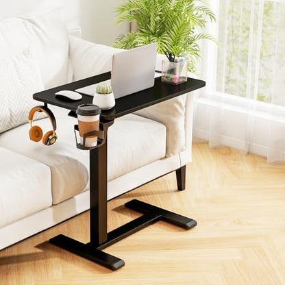 Tangkula Mobile Standing Desk, Pneumatic Height Adjustable Rolling Desk with Cup Holder & Headphone Hook, Overbed Table with Hidden Wheels, Laptop Computer Cart for Couch, Home, Office (Black) - color: Black