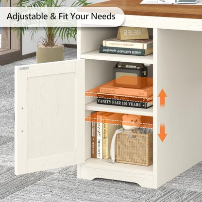65" Farmhouse Computer Desk with Drawers and Printer Stand for Home Office | Office Desk with Power Outlets and Storage Cabinet, Study Writing Desks with Long Monitor Stand, Brown and White - color: Brown and White