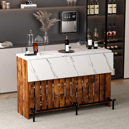 Home Bar Unit with LED Lights and Charging Station, Imitation Marble Mini Coffee Bar Pub Table with 2-Tier Storage, Footrest, Drop Leaf Kitchen Islands for Dining Room, Bistro, Living Room