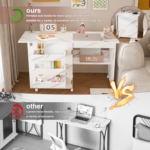 4-in-1 Folding Sewing Table with Storage (45 Inch) | Sewing Desk Foldable with Lockable Wheels & Power Socket, Sewings Machine Cabinet & Craft Desk with Shelves, Compact Design - color: White, size: 45 Inch