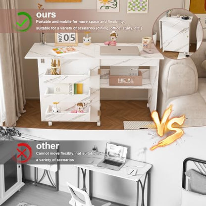 4-in-1 Folding Sewing Table with Storage (45 Inch) | Sewing Desk Foldable with Lockable Wheels & Power Socket, Sewings Machine Cabinet & Craft Desk with Shelves, Compact Design - color: White, size: 45 Inch