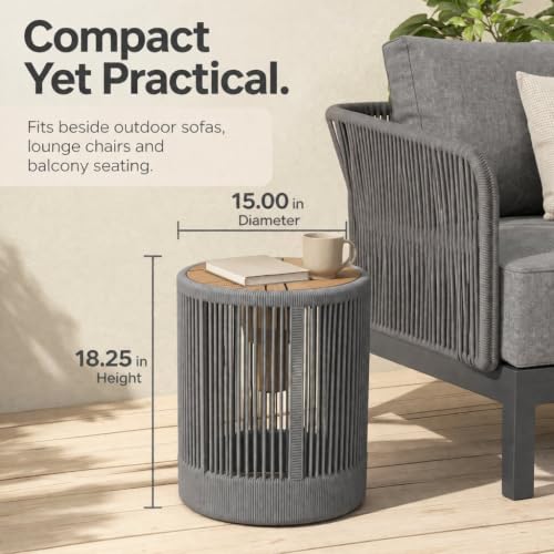 IRONORA Grey Hand-Woven PE Rattan Round Patio Side Table, Solid Acacia Wood Top Hollow Drum Accent End Table, Weather Resistant Coastal Side Table for Backyard Balcony Sunroom Living Room - color: 15-inches Gery