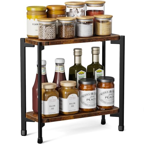 pickpiff 2 Tier Spice Rack Organizer for Kitchen Countertop, Wood and Metal Seasoning Shelf, Space-Saving Spice Organizer for Kitchen Counter, Coffee Bar and Dining Table, Brown