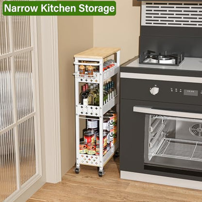 Utility Slim Storage Cart for Home Laundry Room, Bathroom, Kitchen | 4-Tier narrow rolling cart for small space, Holds tall bottles, Upgraded metal hub casters, Premium wood & metal mesh shelves