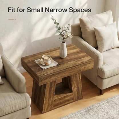 Tribesigns 24" Side Table, Narrow End Table with 2-Tier Storage Shelf, Farmhouse Wooden Nightstand Accent Table with Trapezoid Base for Living Room, Bedroom, Small Spaces, Brown - color: Brown