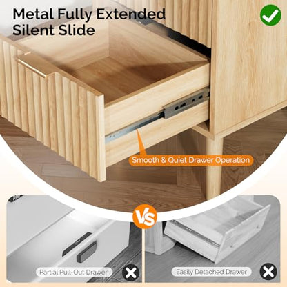 VINGLI Nightstand with Charging Station, Fluted Nightstand with Drawers, Wood Night Stand for Bedroom, Fluted Bedside Table/End Table/Side Table, Oak, 15.75" W*15.55" D*23.62" H - color: Oak, size: 15.7"W-2 Drawer