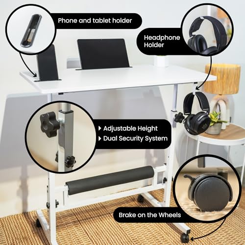 Small Rolling Desk with Wheels, Adjustable Height 27"-43.3" Portable Standing Desk, 31.5"x15.7" Tabletop, Mobile Laptop Computer Table for Home Office Workstation, White - color: White