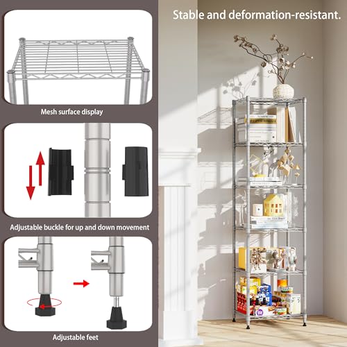 REGILLER 6 Wire Shelving Steel Storage Rack Adjustable Unit Shelves for Laundry Bathroom Kitchen Pantry Closet (16.7L x 11.9W x 64H, Silver) - color: Silver