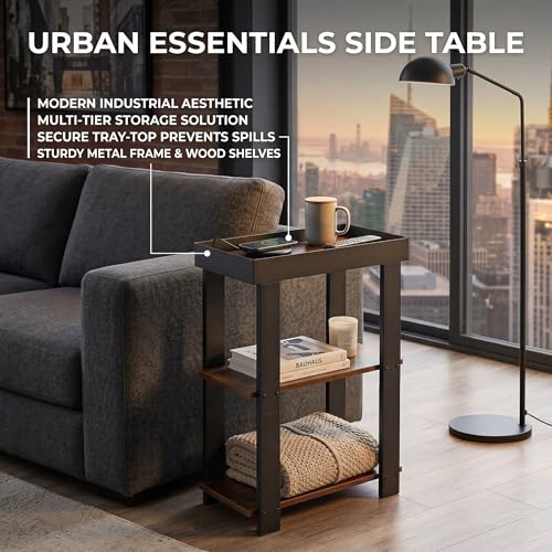 Narrow Side Table, 3-Tier Side Table, Rustic Farmhouse Narrow End Table with Storage, Slim Table Nightstand for Small Spaces, Bedroom or Living Room (Rustic Brown) - color: Rustic Brown