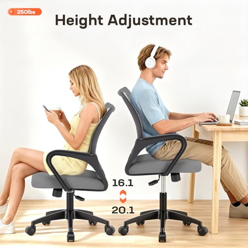 BestOffice Ergonomic Office Chair | Mid-Back Swivel Desk Chair | Grey | with Lumbar Support, Adjustable Height & Breathable Backrest | Sponge Seat & Rolling Wheels | for Home, Office | Pack of 1 - color: Grey, style: pack of 1