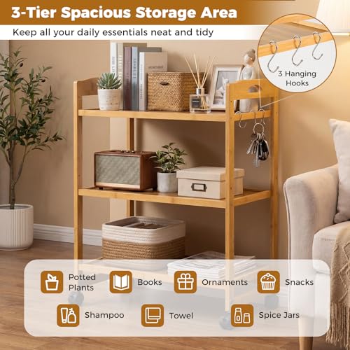 Giantex 3-Tier Rolling Storage Cart, Bamboo Utility Cart w/ 3 Side Hooks & Adjustable Shelves, Multifunctional Kitchen Cart on 2 Lockable Wheels for Living Dining Room, Laundry, Bathroom, Office Art