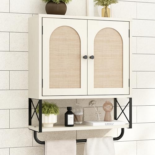 RUSTOWN Rattan Bathroom Wall Cabinet, Boho Over The Toilet Storage Cabinet with Arched Rattan Doors, Modern Medicine Cabinet with Adjustable Shelves & Towel Bar (Vintage White, Medium) - color: Vintage White, size: Medium