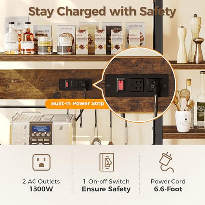 SUPERJARE Large Bakers Rack with Power Outlets, 6-Tier Microwave Stand, Coffee Bar with 12 S-Shaped Hooks, Kitchen Shelf with Wire Basket, 39.4 x 14.6 x 66.9 Inches, Rustic Brown - color: Rustic Brown, size: 39.4inch