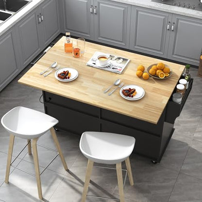 Squireewo 59" Kitchen Cart with Wood Top and Drop Leaf Breakfast Bar, Rolling Mobile Kitchen Island Table on Wheels with Drawer and Storage Cabinet, Spice Rack, Towel Rack, Black - size: 59"W