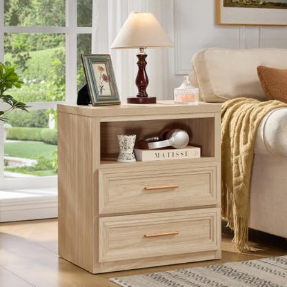 RWYHG 24'' Wide Farmhouse Night Stand with 2 Drawers,Wood Nightstand | Modern End Table Open Storage Shelf, Metal Handle, Mid-Century Bed Side Table for Bedroom, Living Room,Natural - color: Natural