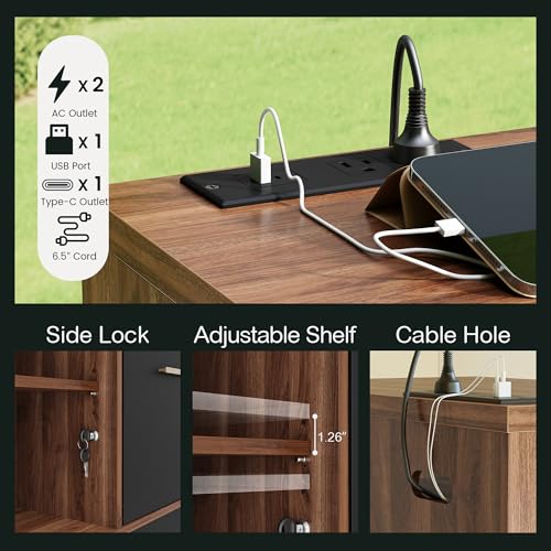 2 Drawer Lateral File Cabinet with Lock for Home Office | Filing Cabinet for A4 / Letter Documents, 31.5"W * 19.5"D * 29.5"H, Credenza w/ Built-in Power Outlet, Printer Stand - color: Black Walnut