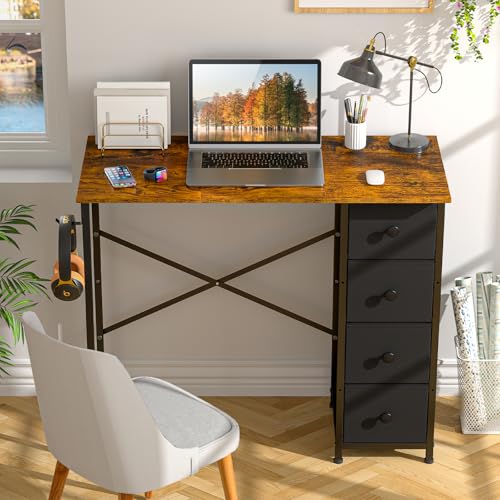 Small Computer Desk with 4 Fabric Drawers, 36 Inch Reversible Writing Desk for Home Office Bedroom, Modern Simple Kids Student Study Desk with Storage, Compact Desk for Small Spaces, Rustic Brown - color: Brown
