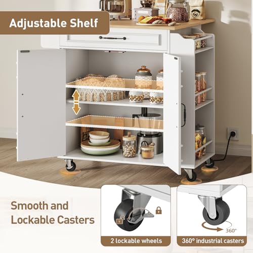 RALGEND Kitchen Island with Power Outlets & Drop Leaf, Rolling Kitchen Cart on Wheels, Kitchen Storage Island with Spice Rack and Drawer, Mobile Island Table for Kitchen, Dinning, White and Natural - color: White + Natural
