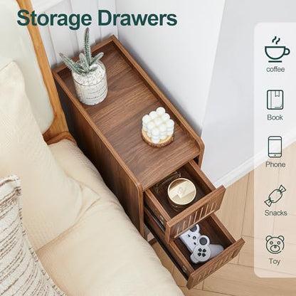 FurSch Fluted Narrow Nightstand & Skinny Bedside Table for Bedroom, Thin Night Stand Side End Table with 2 Drawers and Open Shelf for Small Spaces (Walnut-2 pcs) - color: Walnut-2 Pcs