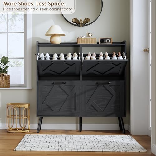 Shoe Cabinet with 4 Flip Drawers, Hidden Shoe Rack Cabinet with Metal Legs, Farmhouse Narrow Shoe Storage Cabinet for Entryway, Foyer, Hallway, Black - color: Solid Black