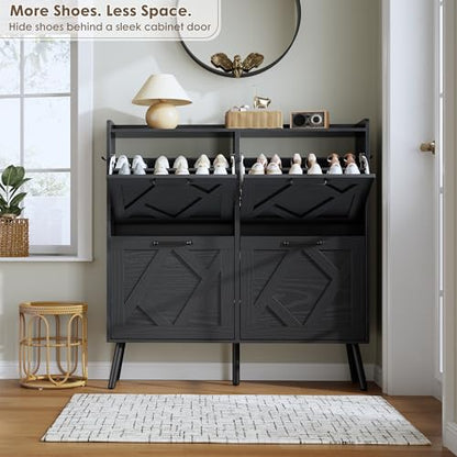 Shoe Cabinet with 4 Flip Drawers, Hidden Shoe Rack Cabinet with Metal Legs, Farmhouse Narrow Shoe Storage Cabinet for Entryway, Foyer, Hallway, Black - color: Solid Black