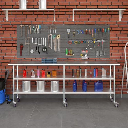 AmGood Stainless Steel Work Table with 2 Shelves and Casters | Metal Utility Table On Wheels (Stainless Steel, 96" Long x 18" Deep) - size: 96" Long x 18" Deep