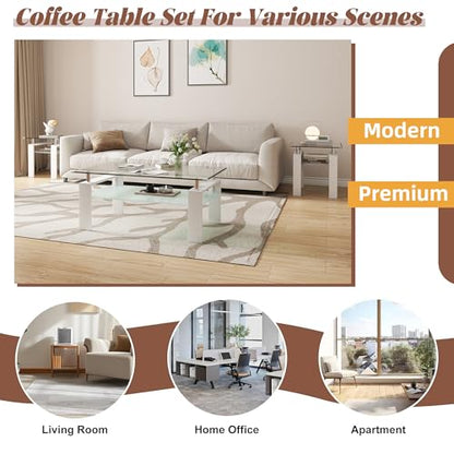 2-Tier Coffee Table with Tempered Glass Top and MDF Frame, Modern White Rectangular Glass Center Table for Living Room, Apartment, Office, Easy to Assemble - color: White, size: Coffee Table