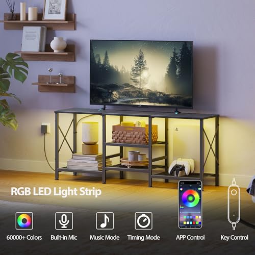 JARHETUN TV Stand with LED Lights for 55 Inch TV, Entertainment Center with 3-Tier Open Shelves, TV Console Table for Living Room, Bedroom, Black - color: Black With Led Light