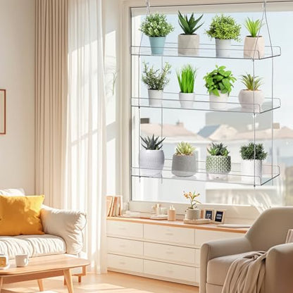 Tlence 3-Tier Window Plant Shelves, Hanging Acrylic Plant Shelf for Indoor, Clear Window Shelf for Plants, Height Adjustable Flower Display Stand, Succulent Pot Organizer for Herbs Microgreens