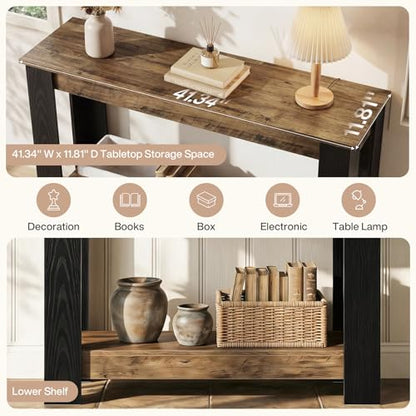 Tribesigns 41" Console Table for Entryway, Narrow Sofa Table Behind Couch | 2-Tier Modern Farmhouse Accent Furniture for Hallway, Living Room, Industrial Black & Rustic Brown