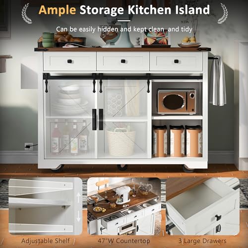 Ball & Cast Kitchen Island with Storage,53.7" Farmhouse Rolling Kitchen Island Cart w/Power Outlet & Drop Leaf,Mobile Island Table w/3 Drawers,Towel Rack and Spice Rack,for Home and Dining Room,White - color: White