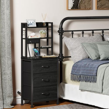 Black Nightstand with Bookshelf, Tall Bedside Table & Night Stand | 3 Fabric Drawers & LED Lights, 45.3" Bed Side & End table with Charging Station in Bedroom, Dorm, Metal Frame, Wood Shelves - color: Black Oak, size: 3 Drawer