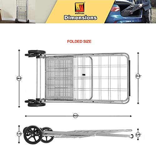 Wellmax Folding Grocery Cart with Wheels, Heavy Duty Metal Utility Cart with Mesh Bottom, Extra Rear Basket, 160 lb Capacity, Dual Swivel Wheels, Foldable Trolley for Groceries & Laundry - size: Jumbo