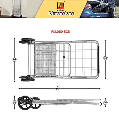 Wellmax Folding Grocery Cart with Wheels, Heavy Duty Metal Utility Cart with Mesh Bottom, Extra Rear Basket, 160 lb Capacity, Dual Swivel Wheels, Foldable Trolley for Groceries & Laundry - size: Jumbo