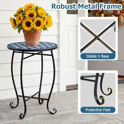 Giantex Outdoor Side Table, Floral Clover Mosaic Patio Accent Table, 14" Coffee End Table, Indoor Outdoor Metal Plant Stand for Porch Garden Balcony Desk, Metal Cobalt Glass Top - style: Floral Clover