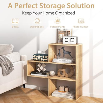 Tangkula 3 Cubes Bookcase, Irregular Open Bookcase, Freestanding Bookshelf Combination, Anti-Tipping Device, Home Display Storage Shelf for Living Room Study (Natural, 3-Cube, Convex)