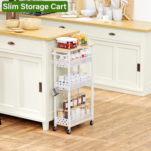 Utility Slim Storage Cart for Home Laundry Room, Bathroom, Kitchen | 4-Tier narrow rolling cart for small space, Holds tall bottles, Upgraded metal hub casters, Premium wood & metal mesh shelves
