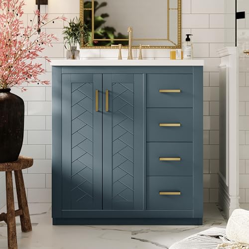 30 Inch Blue-Grey Bathroom Vanity with Sink & Gold Handles,Light Luxury | with Herringbone Pattern Soft Closing Doors,3 Right Drawers,Ceramic Countertop,Solid Wood Frame,Floor-Standing with Toe-Kick - color: Dark Blue, size: 30 Inch(Right Drawers)