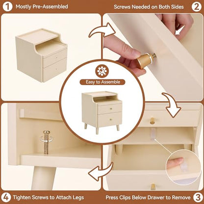 Nightstand Set of 2, Pre-Assembled, 19.7“H Solid Wood Night Stand with 2 Drawers, Open Sliding Shelf, Mid Century Modern Small Bedside Table for Bedroom, Cream 16" - color: Cream-2pack, size: 16"