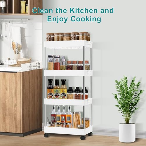 YSSOA Rolling Storage Cart, 4 Tier Slim Mobile Shelving Unit for Storage,360° Rotating Wheel Lockable Utility Cart,Great for Office, Kitchen, Bathroom, Laundry or Narrow Spaces, White - size: 4-Tier 16"Dx5"Wx33"H