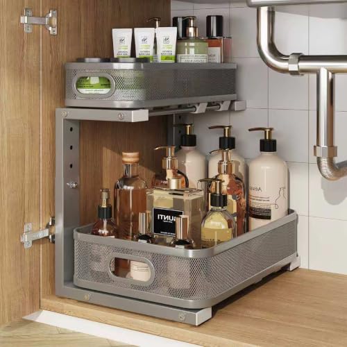 1 Pack 15.7IN-Depth Under Sink Organizer With Smooth Cylindrical Rail,2-Tier Pull Out Multi-Purpose Cabinet Storage for Bathroom&Kitchen,Height Adjustable,Rust-resistant Coating-Gun Gray - color: Gun Gray, size: 1 Pack-15.7"Dx11"-16.14"H