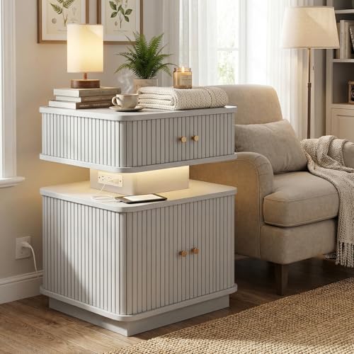Nightstand with Charging Station, Modern Night Stand with Smart Led Light and 2 Small Sliding Door Cabinets, Curvy Edge, Bedside Table for Bedroom, Grey - color: Grey