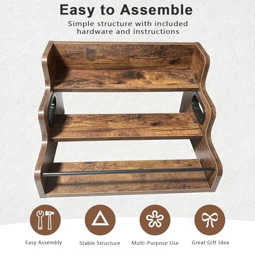 3-Tier Rustic Liquor & Wine Rack, Countertop Shelf with Guardrail & Handles for Home Bar
